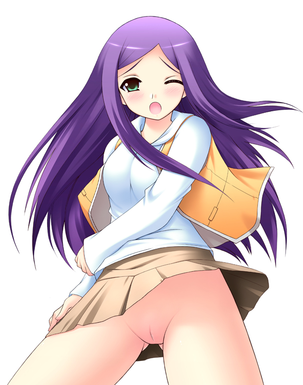 kuga natsuki, my-hime, 00s, 1girl, blush, clothes lift, female focus, no panties, pleated skirt, pussy, school uniform, serafuku, simple background, skirt, skirt lift, solo, spread legs, standing, uncensored, white background