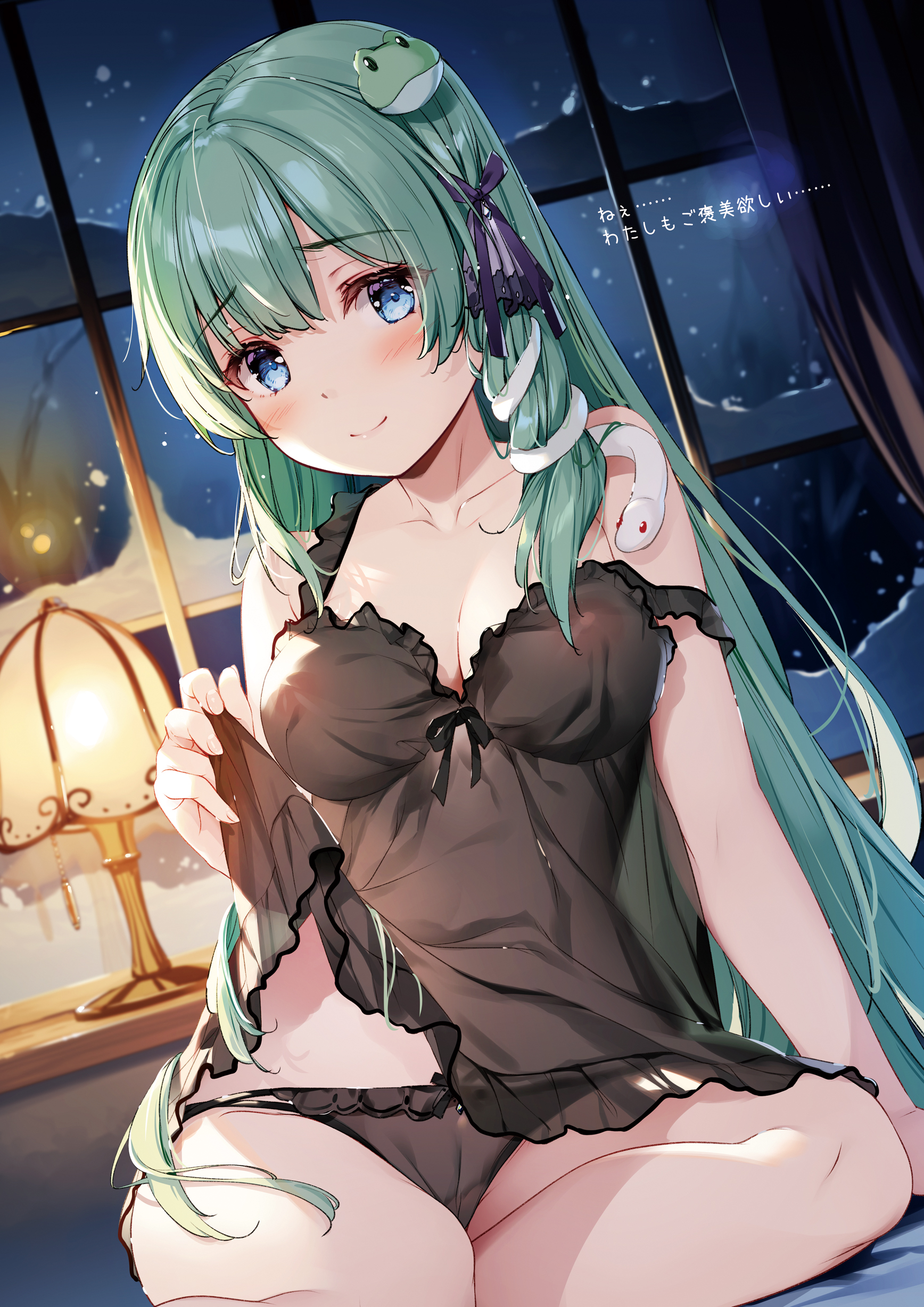 miyase mahiro, kochiya sanae, touhou, absurdres, highres, translation request, 1girl, alternate costume, babydoll, babydoll lift, black babydoll, black panties, black ribbon, blue eyes, blush, breasts, cameltoe, cleavage, closed mouth, collarbone, covered erect nipples, curtains, dutch angle, frog hair ornament, green hair, hair ornament, hair ribbon, indoors, lamp, looking at viewer, medium breasts, night, panties, ribbon, smile, snake hair ornament, snow, solo, strap slip, underwear, underwear only, window