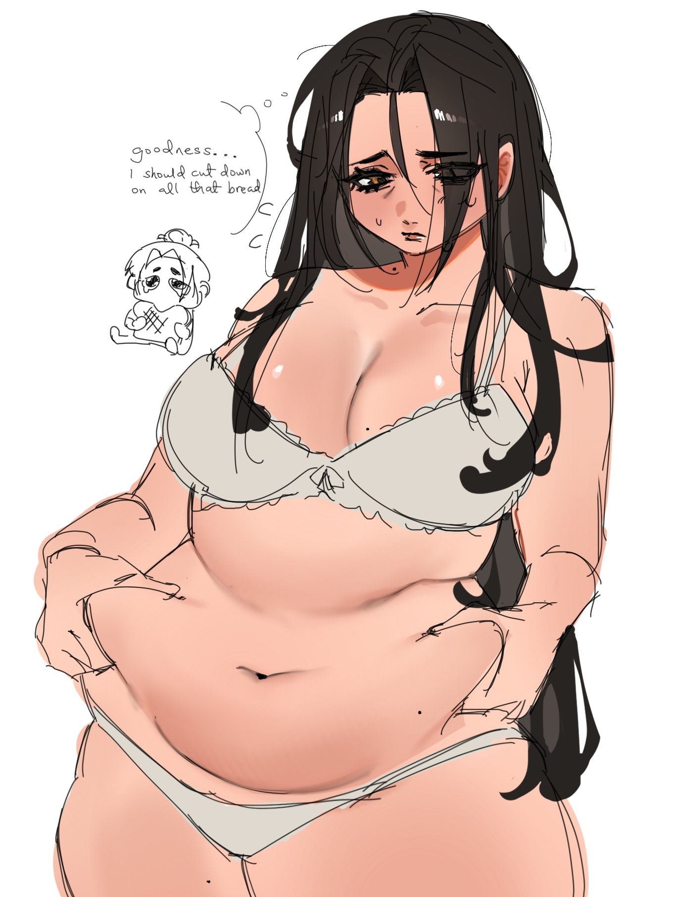 fruitcrunchi, original, commentary, english commentary, highres, 1girl, black hair, bra, bread, breasts, brown eyes, crying, english text, fat, food, long hair, looking down, mole, mole on breast, mole on thigh, multiple moles, navel, panties, pinching, simple background, speech bubble, standing, sweat, thinking, underwear, white background, white bra, white panties