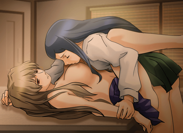 fujino shizuru, kuga natsuki, my-hime, 00s, 2girls, blue hair, breasts, brown hair, closed eyes, large breasts, licking, licking breast, long hair, long sleeves, multiple girls, nipples, no shirt, red eyes, school uniform, yuri