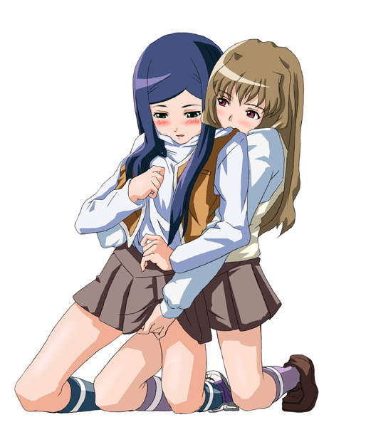 fujino shizuru, kuga natsuki, my-hime, 00s, 2girls, blush, breasts, fingering, grabbing another's breast, groping, multiple girls, pleated skirt, school uniform, serafuku, skirt, yuri