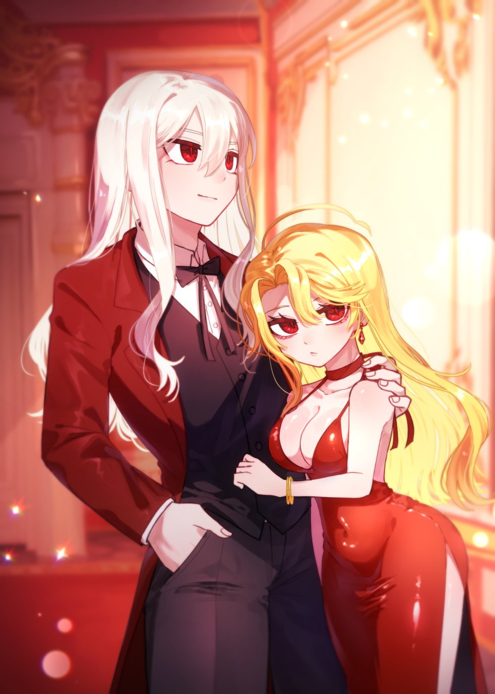 pmchell 04, don quixote (project moon), sancho (project moon), limbus company, project moon, highres, 1boy, 1girl, ahoge, black pants, black vest, blonde hair, bracelet, breasts, cleavage cutout, closed mouth, clothing cutout, coat, covered navel, dress, earrings, formal clothes, hand in pocket, hand on another's shoulder, jewelry, la manchaland's don quixote (project moon), large breasts, leaning on person, long hair, long sleeves, looking afar, neck ribbon, pants, party, red coat, red dress, red eyes, ribbon, shiny skin, shirt, side slit, sleeveless, slit pupils, smile, vest, wavy hair, white hair, white shirt