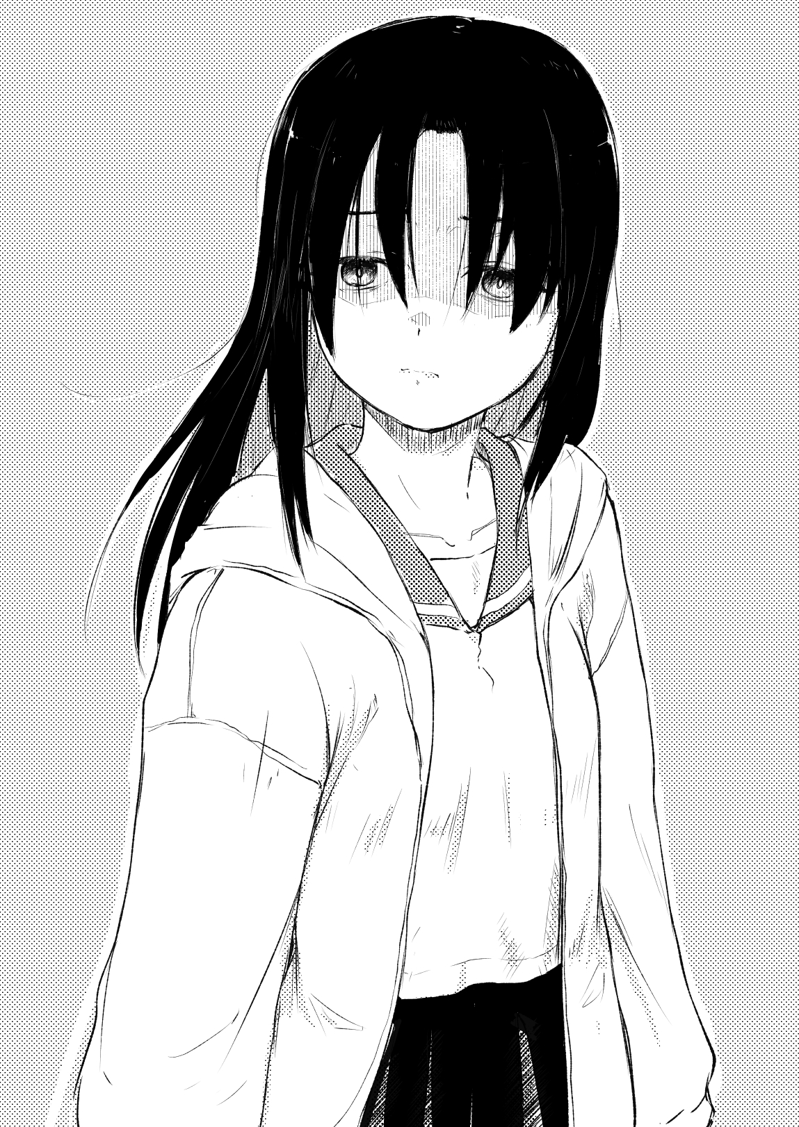 mutou youshun, original, highres, 1girl, frown, gloom (expression), grey background, greyscale, jacket, long hair, monochrome, parted bangs, screentones, solo, standing