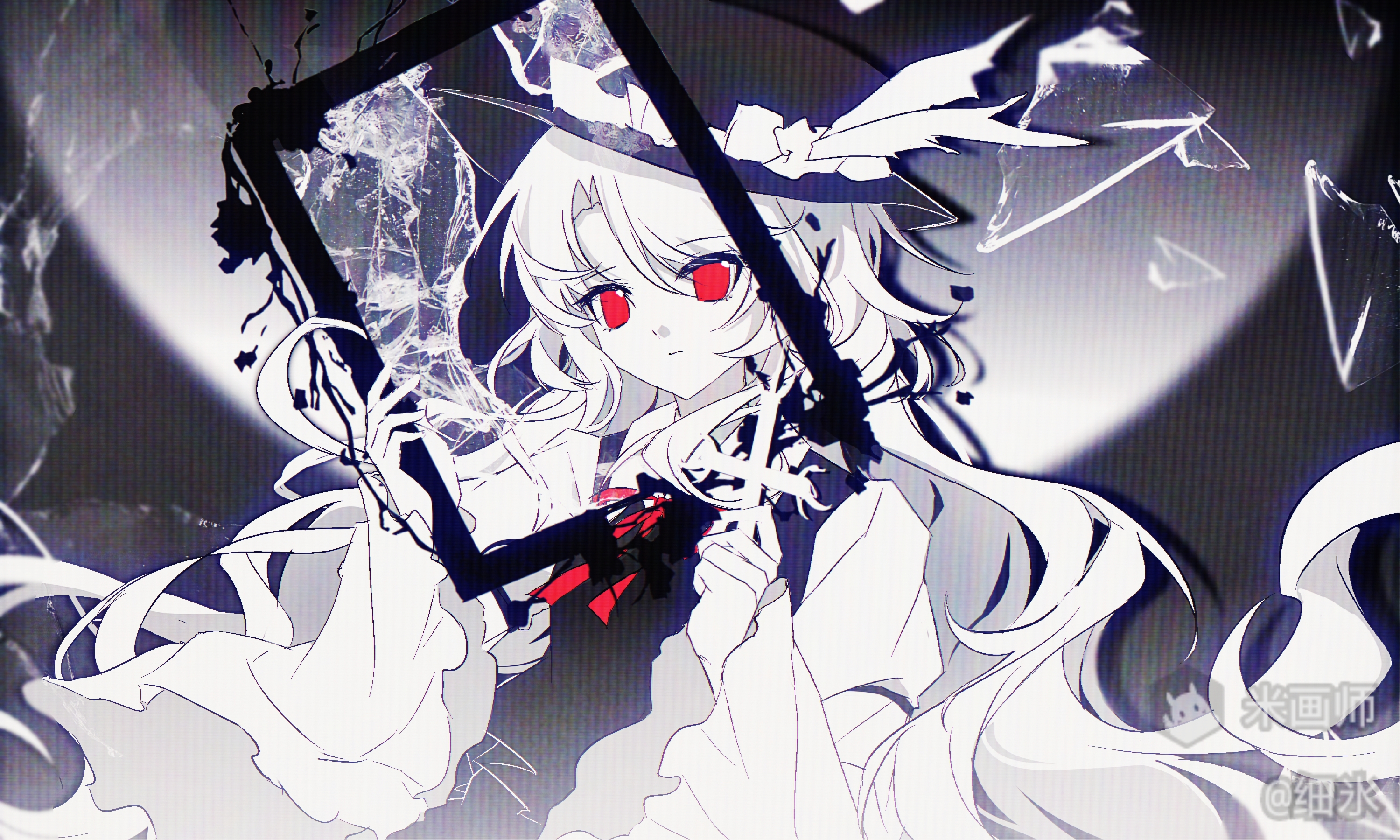 hutaodehetao, jacket girl (dipp), dolls in pseudo paradise, touhou, highres, 1girl, black hat, black vest, broken glass, closed mouth, collared shirt, glass, glass shards, hat, holding, holding picture frame, long hair, long sleeves, looking at viewer, neck ribbon, parted bangs, partially colored, picture frame, red eyes, red ribbon, ribbon, shirt, solo, upper body, very long hair, vest, white shirt, wide sleeves