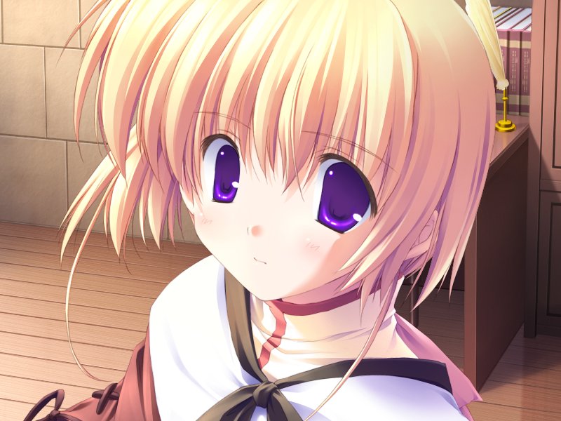 komatsu eiji, mint lentil, majo2, majokko a la mode 2, game cg, 1girl, blonde hair, book, desk, female focus, purple eyes, quill, solo