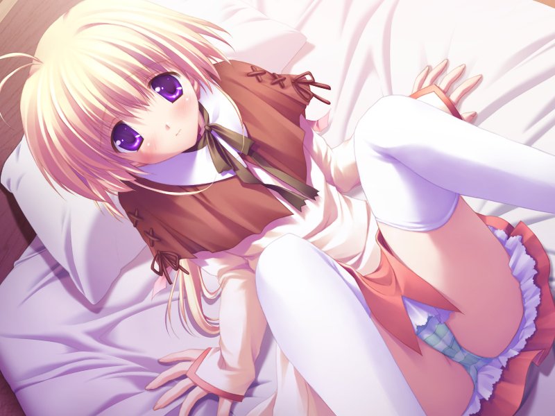 komatsu eiji, mint lentil, majo2, majokko a la mode 2, game cg, 1girl, arm support, bed, blonde hair, blouse, cameltoe, female focus, green panties, lingerie, miniskirt, panties, pantyshot, petticoat, purple eyes, pussy, ribbon, shirt, short hair, sitting, skirt, solo, striped clothes, striped panties, thighhighs, underwear, upskirt, white thighhighs
