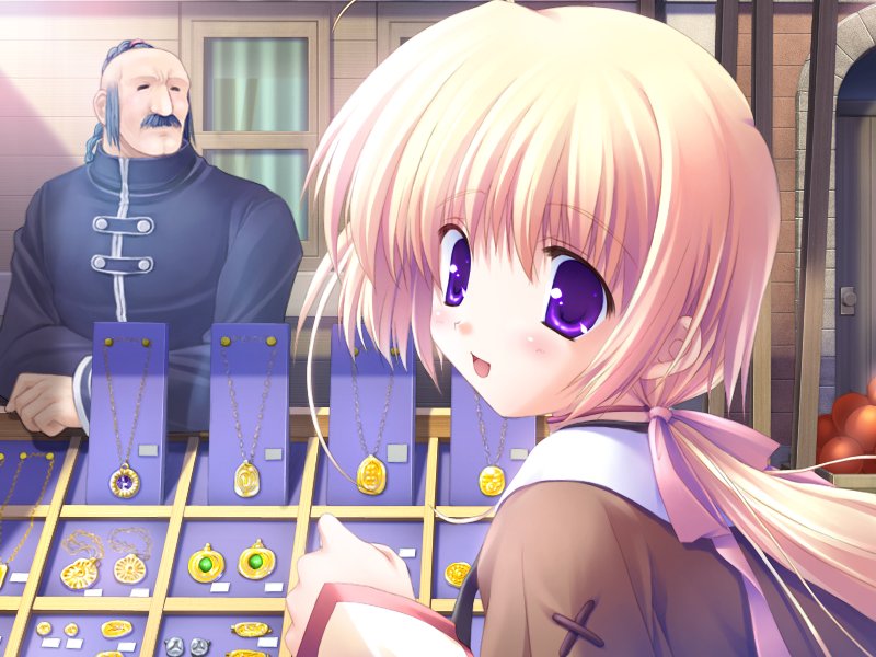 komatsu eiji, mint lentil, majo2, majokko a la mode 2, game cg, 1girl, blonde hair, blush, earrings, female focus, hair ribbon, happy, jewelry, long hair, necklace, ponytail, purple eyes, ribbon, solo