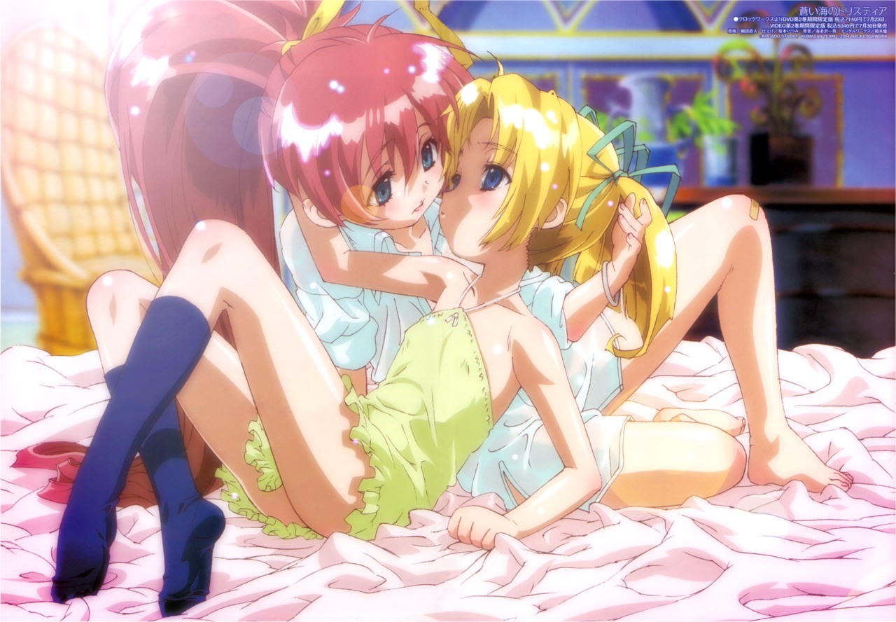hosoda naoto, nanoca flanka, nene hampdon, aoi umi no tristia, official art, 00s, 2girls, age difference, bandaid, barefoot, blonde hair, blue eyes, blush, bottomless, couple, eye contact, feet, female focus, halterneck, hand on another's head, imminent kiss, kneehighs, lingerie, loli, looking at another, multiple girls, naked shirt, no shoes, on bed, onee-loli, pajamas, red hair, ribbon, shirt, socks, twintails, underwear, yuri