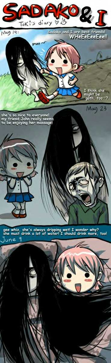 murata (artist), yamamura sadako, the ring, hard-translated, highres, long image, md5 mismatch, tall image, third-party edit, translated, 1boy, 2girls, comic, english text, multiple girls