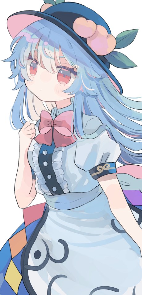 hiyuu (hiyualice), hinanawi tenshi, touhou, commentary, 1girl, apron, black hat, blue hair, blue skirt, bow, bowtie, center frills, collared shirt, cowboy shot, frills, hat, long hair, looking at viewer, peach hat ornament, puffy short sleeves, puffy sleeves, red bow, red bowtie, red eyes, shirt, short sleeves, simple background, skirt, solo, waist apron, white apron, white background, white shirt
