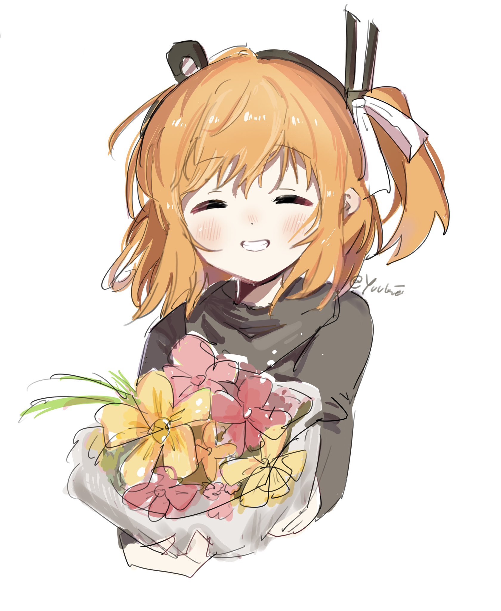 adachi rei, a.i. voice, utau, highres, 1girl, black shirt, bouquet, closed eyes, facing viewer, flower, grin, holding, holding bouquet, medium hair, one side up, orange hair, red flower, shirt, simple background, smile, solo, upper body, white background, yellow flower, yuukeiii213
