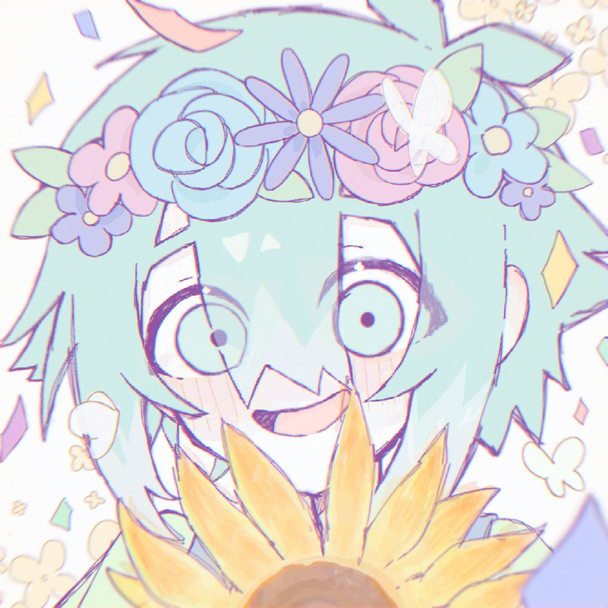 basil (headspace) (omori), basil (omori), omori, highres, 1boy, 5oh h, antenna hair, blush, colored skin, double-parted bangs, flower, green eyes, green hair, hair between eyes, head wreath, looking at viewer, male focus, open mouth, short hair, sidelocks, smile, solo, sunflower, upper body, white skin
