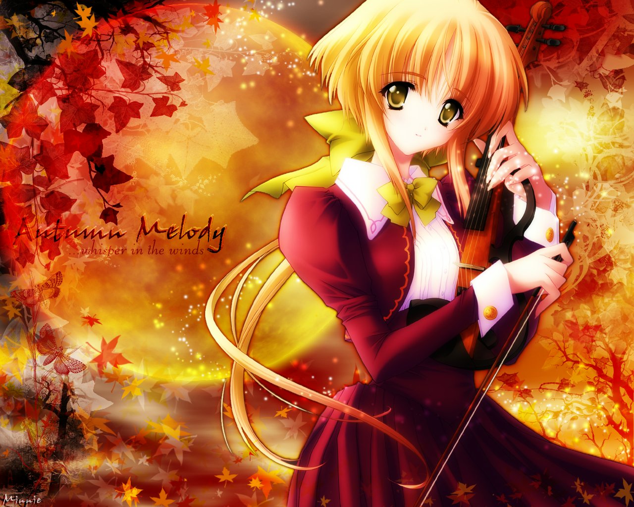 carnelian, autumn, autumn leaves, blonde hair, instrument, ivy, leaf, long hair, maple leaf, solo, violin