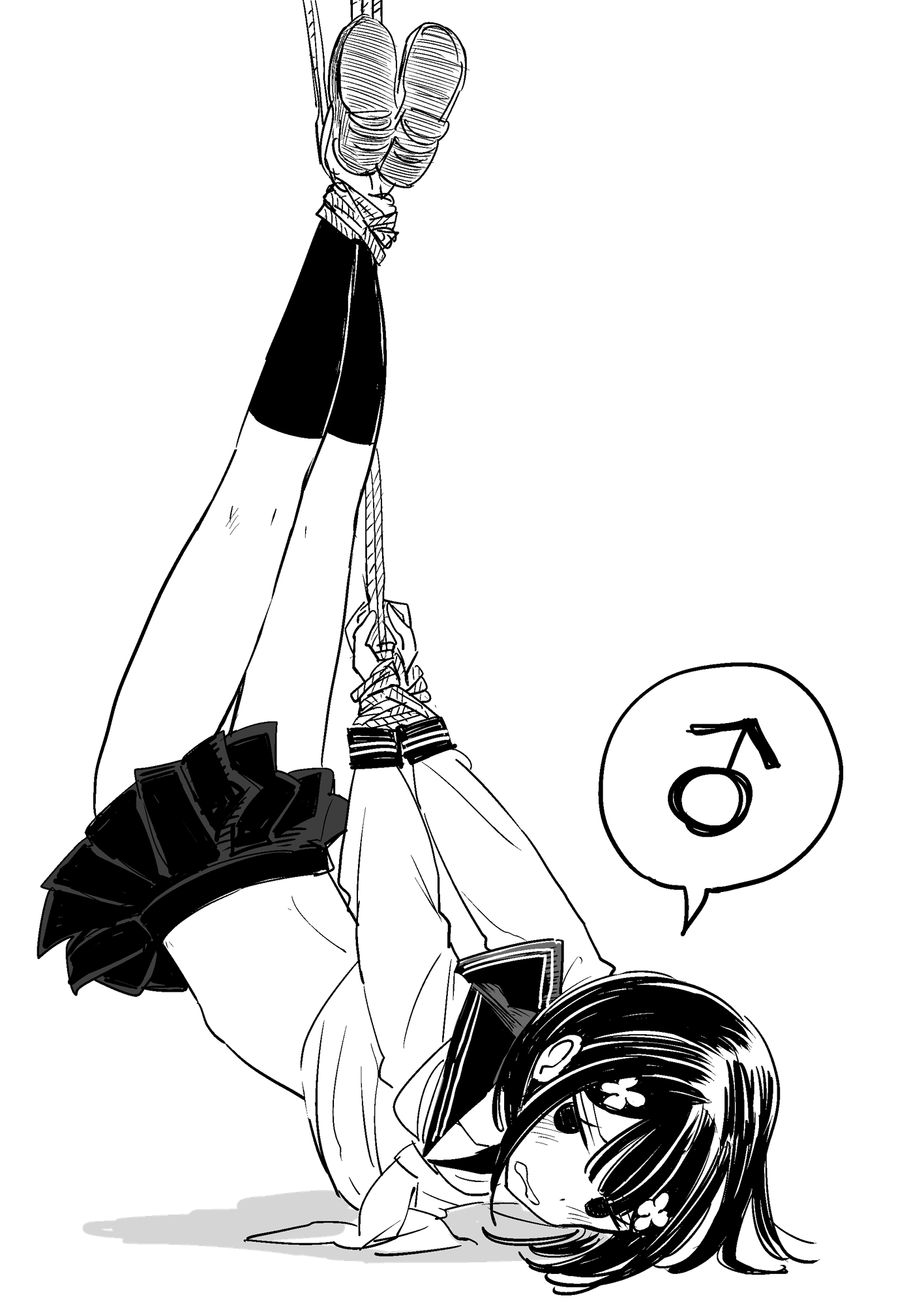 vae, original, highres, 1boy, black socks, blush, bob cut, bound, bound ankles, bound wrists, crossdressing, crossdressing (mtf), flower, hair flower, hair ornament, kneehighs, loafers, midriff, miniskirt, monochrome, neckerchief, pleated skirt, rope, sailor collar, school uniform, serafuku, shadow, shoes, short hair, simple background, skirt, socks, speech bubble, trap, white background