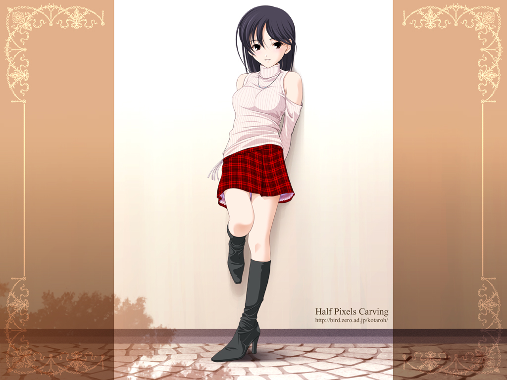 aizawa kotarou, original, 1girl, black boots, black hair, boots, brown eyes, female focus, high heel boots, high heels, miniskirt, skirt, solo