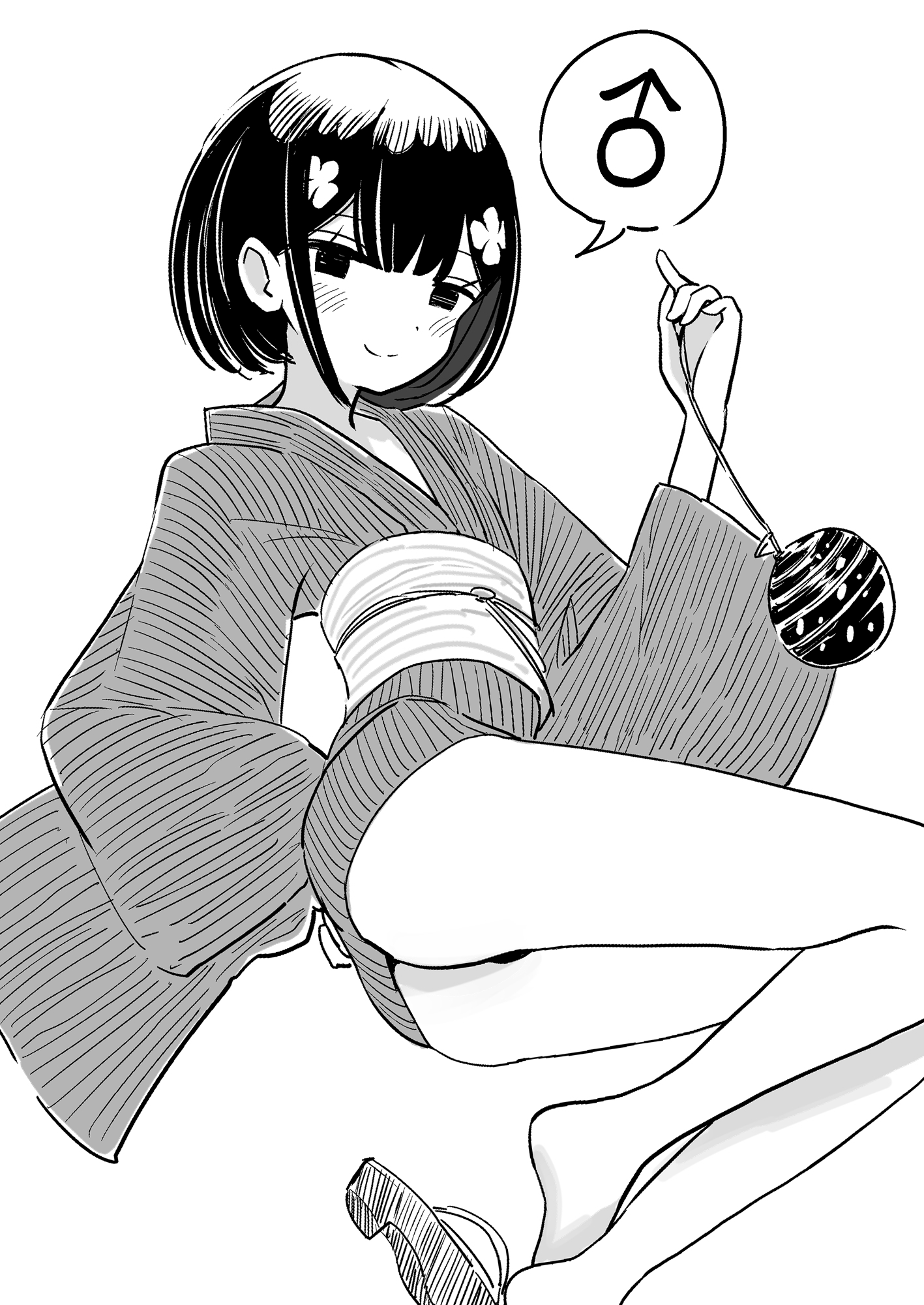 vae, original, highres, 1boy, ball, blush, bob cut, crossdressing, crossdressing (mtf), japanese clothes, kimono, mars symbol, monochrome, sandals, short hair, short kimono, simple background, speech bubble, temari ball, trap, unworn sandals, white background