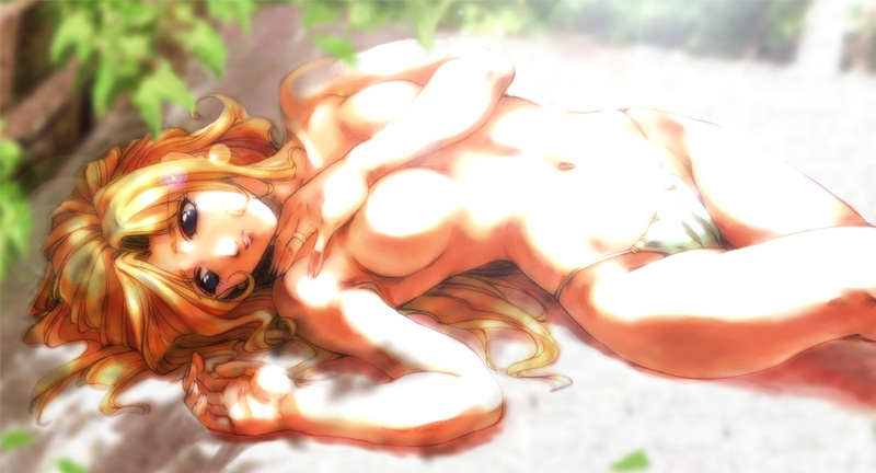 hisahiko, tytti norback, banpresto, original, super robot wars, super robot wars the lord of elemental, 1girl, blonde hair, blue eyes, breasts, female focus, green panties, groin, highleg, highleg panties, long hair, lying, on back, panties, print panties, side-tie panties, solo, topless female, underwear, underwear only