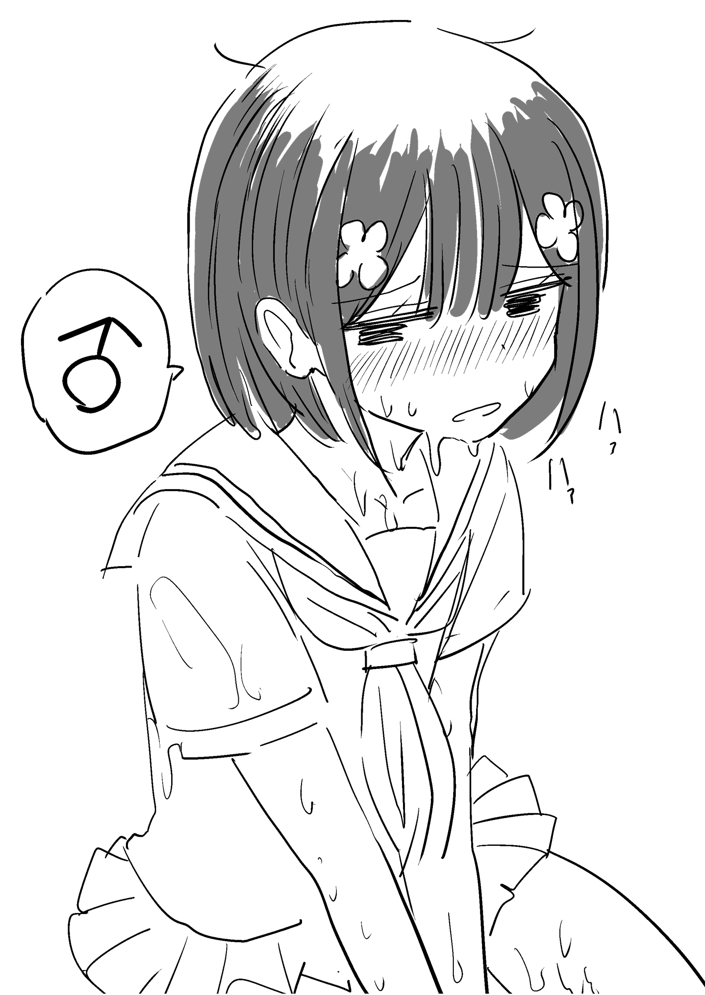 vae, original, highres, 1boy, bob cut, crossdressing, crossdressing (mtf), male focus, mars symbol, microskirt, neckerchief, open mouth, sailor collar, school uniform, serafuku, short hair, simple background, skirt, solo, speech bubble, summer, trap, wet, white background