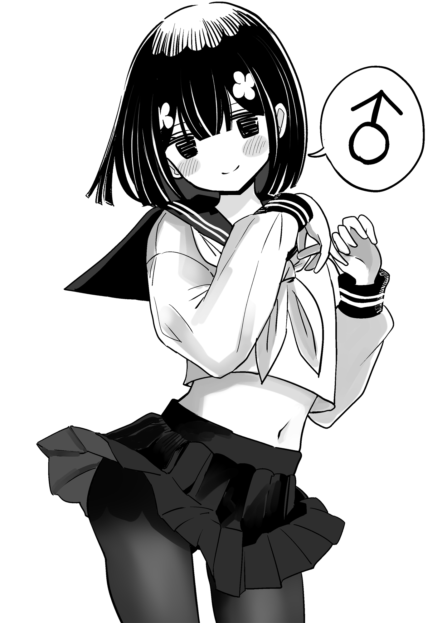 vae, original, highres, 1boy, black pantyhose, blush, bob cut, crossdressing, crossdressing (mtf), male focus, midriff, miniskirt, monochrome, navel, neckerchief, own hands together, pantyhose, pleated skirt, sailor collar, school uniform, serafuku, short hair, simple background, skirt, smile, solo, trap, white background