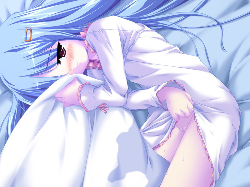 urotan, ed, shiki mifuyu, cage (company), koisuru imouto, koisuru imouto wa setsunakute onii-chan wo omou to sugu h shichau no, character request, game cg, 1girl, bed, bedwetting, blue hair, blush, cage, clothes lift, female focus, hair ornament, hairclip, lifting own clothes, lingerie, loli, long hair, nightgown, no panties, pee, peeing, peeing self, pussy, skirt, skirt lift, solo, uncensored, underwear