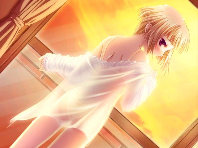 mochizuki ayame, one 2 ~eien no yakusoku~, game cg, jpeg artifacts, 1girl, bra, female focus, lingerie, loli, panties, see-through clothes, short hair, solo, sunset, underwear