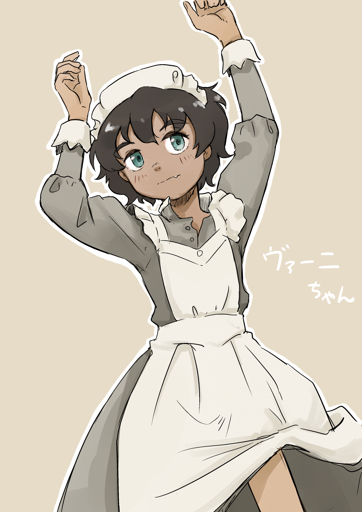 mutou youshun, character request, copyright request, highres, 1girl, apron, arms up, blush, brown background, brown hair, dark-skinned female, dark skin, dress, fang, green eyes, grey dress, looking at viewer, maid apron, maid headdress, short hair, skin fang, solo, standing