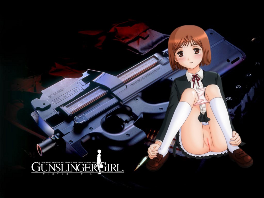 count zero, henrietta (gunslinger girl), gunslinger girl, 00s, 1girl, bob cut, bullpup, female focus, gun, loli, p90, panties, personal defense weapon, pussy, solo, submachine gun, underwear, weapon