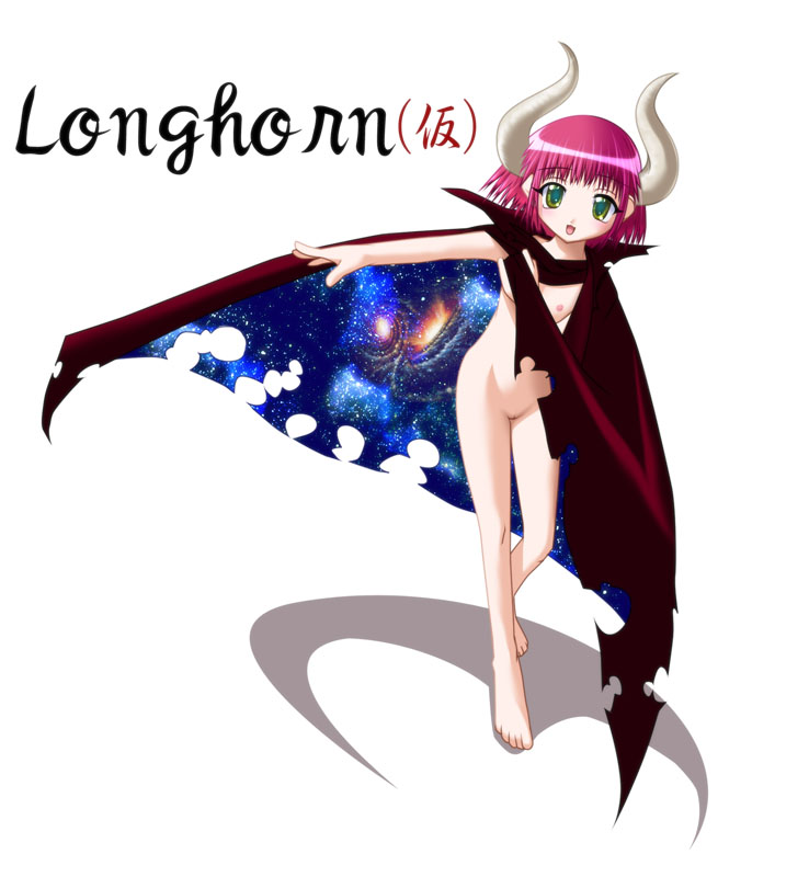 longhorn, os-tan, artist request, 1girl, barefoot, cape, feet, female focus, horns, loli, naked cape, nipples, nude, solo