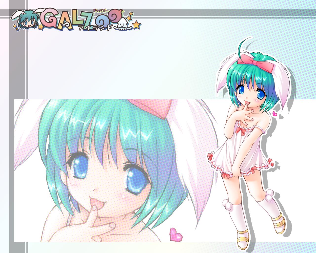 kuroda akimi, kyankyan, galzoo island, 1girl, ahoge, animal ears, blue eyes, blush, bow, dog ears, dress, female focus, green hair, hair bow, heart, kneehighs, no bra, sandals, short hair, socks, solo, strap slip, zoom layer