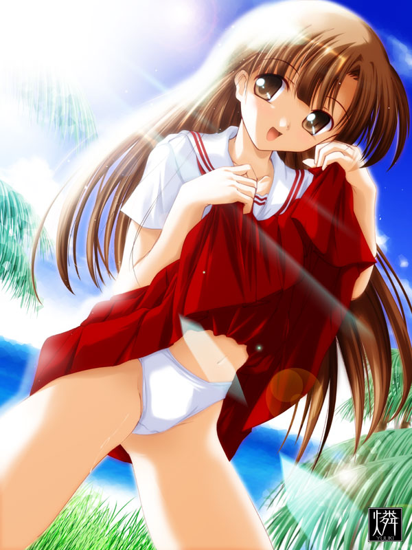 yukirin, mikage subaru, comic party, 00s, 1girl, beach, brown eyes, brown hair, clothes lift, day, dutch angle, female focus, lifting own clothes, long hair, navel, outdoors, panties, pantyshot, pleated skirt, school uniform, serafuku, signature, skirt, skirt lift, solo, standing, underwear, upskirt, white panties