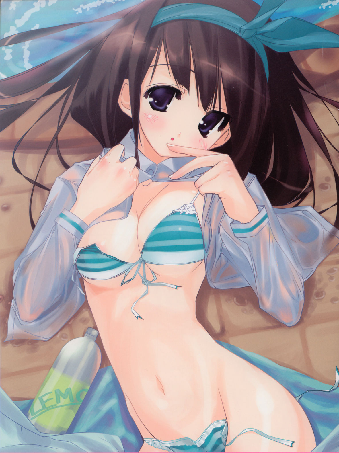 urotan, striped, untied, highres, bikini, black hair, blue eyes, blush, bottle, breasts, brown hair, cleavage, front-tie top, hair ribbon, lingerie, long hair, lying, one-piece swimsuit, open clothes, open shirt, ribbon, see-through clothes, side-tie bikini bottom, striped bikini, striped one-piece swimsuit, swimsuit, twintails, underboob, underwear, undressing, wet, wet clothes