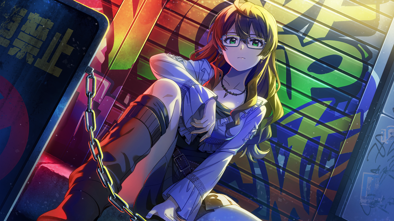 sakuramori kaori, idolmaster, idolmaster million live!, idolmaster million live! theater days, game cg, official art, 1girl, chain, earrings, glasses, graffiti, green eyes, japanese text, jewelry, necklace, sitting, solo
