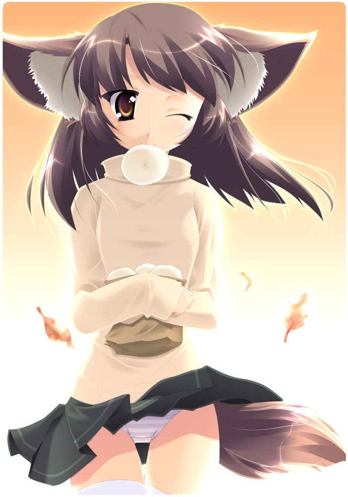 simk, yamabuki zarame, 1girl, animal ears, blue panties, brown eyes, brown hair, dog ears, dog tail, female focus, food, leaf, long hair, miniskirt, mouth hold, one eye closed, panties, skirt, solo, steamed bun, striped clothes, striped panties, tail, thigh gap, thighhighs, thighs, turtleneck, underwear, white thighhighs, wind, wind lift, wink