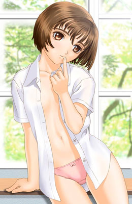 tony taka, lowres, arm support, bottomless, bow, bow panties, brown eyes, brown hair, dress shirt, leaning, no bra, no pants, open clothes, open shirt, panties, pink panties, shirt, short hair, standing, underwear