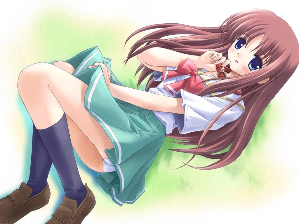 miyashiro karin, suigetsu, 1girl, black socks, blouse, blue eyes, blush, bow, brown hair, collar, female focus, long hair, lying, on side, panties, pantyshot, pleated skirt, school uniform, serafuku, shirt, shoes, skirt, skirt tug, socks, solo, underwear, upskirt, white panties