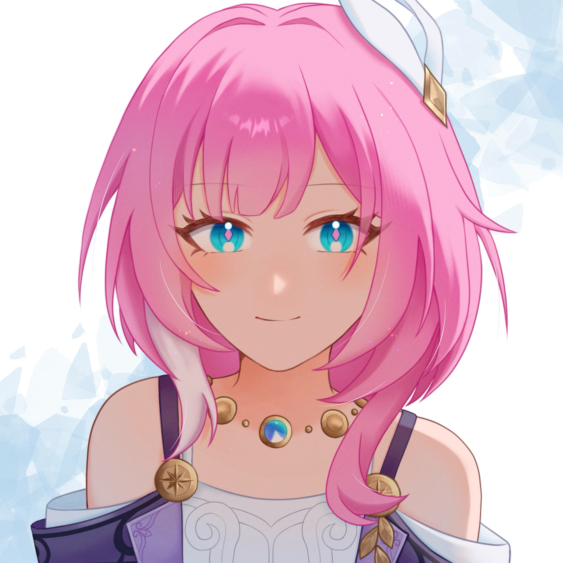cyrene (honkai: star rail), honkai: star rail, honkai (series), commentary request, highres, 0irv, 1girl, bare shoulders, blue eyes, breasts, coat, dress, hair ornament, jewelry, looking at viewer, multicolored hair, necklace, pink hair, purple coat, short hair, small breasts, smile, solo, two-tone hair, white dress, white hair
