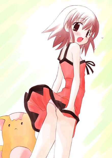 tokino, futaba (ukagaka), tadakichi (ukagaka), original, ukagaka, 1girl, blush, brown eyes, brown hair, dress, dress tug, female focus, flat chest, looking back, panties, pantyshot, pink panties, red dress, red skirt, short hair, skirt, solo, standing, underwear, upskirt, wind, wind lift