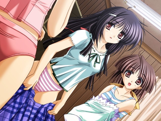 yuuki makoto (radiant), ariga miki, ariga mikoto, natsuiro komachi, game cg, 3girls, bra, dutch angle, lingerie, multiple girls, panties, plaid clothes, plaid skirt, purple panties, red panties, shirt, skirt, sports bra, striped bra, striped clothes, striped panties, striped sports bra, underwear, undressing