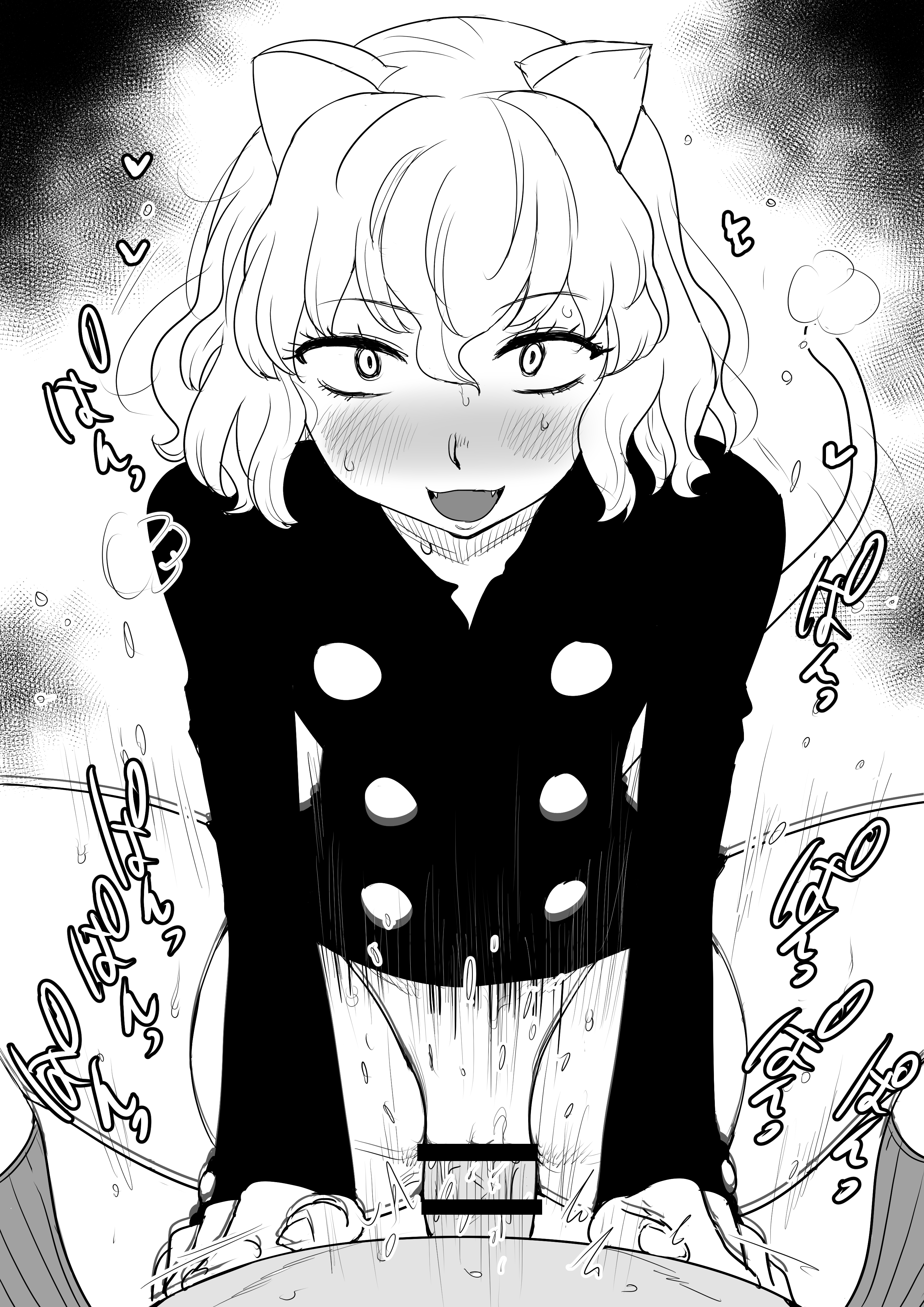 kaiman garupan, neferpitou, hunter x hunter, absurdres, highres, 1girl, animal ears, bar censor, blush, censored, fangs, genderswap, genderswap (otf), greyscale, heavy breathing, medium hair, monochrome, open mouth, penis, sex, shirt, slit pupils, squatting cowgirl position, tail