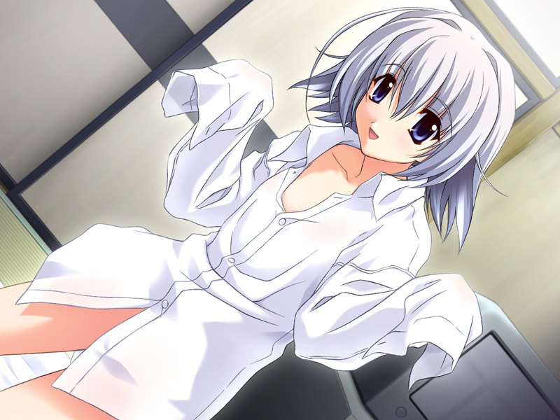 matsuo yukihiro, sagisawa yukari, memories off, game cg, 1girl, ahoge, blue eyes, bottomless, dress shirt, dutch angle, female focus, flat chest, long sleeves, shirt, short hair, solo, white hair