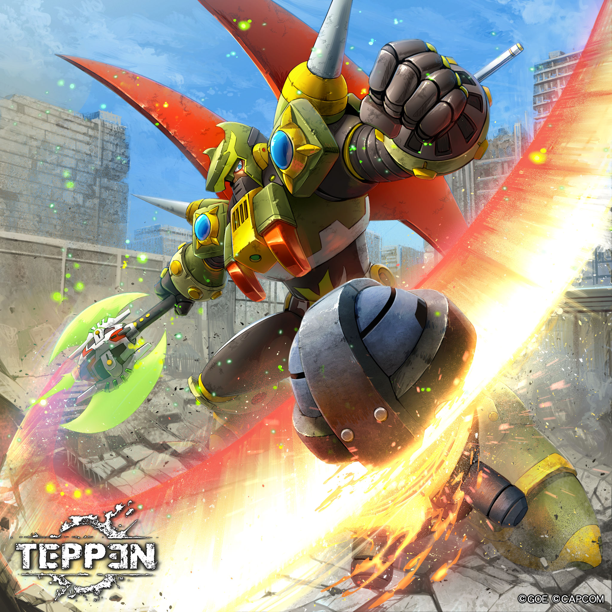 ishida baru, steel massimo (mega man), mega man (series), mega man x: command mission, mega man x (series), teppen, commentary request, highres, official art, 1boy, android, armor, attack trail, axe, blue eyes, blue sky, breaking, clenched hand, company name, copyright logo, copyright name, copyright notice, covered mouth, day, double-sided axe, fire, green helmet, helmet, holding, holding axe, holding weapon, logo, looking at viewer, male focus, outdoors, red wings, robot, shoulder armor, shoulder spikes, sky, slashing, solo, sparks, spikes, standing, swinging weapon, weapon, wings