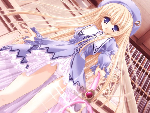 tinker bell (pixiv 10956015), aria (magical tale), magical tale, game cg, 1girl, :o, beret, blonde hair, dress, dutch angle, female focus, hat, lingerie, long hair, panties, pantyshot, petticoat, purple dress, purple eyes, solo, staff, underwear, upskirt, white panties