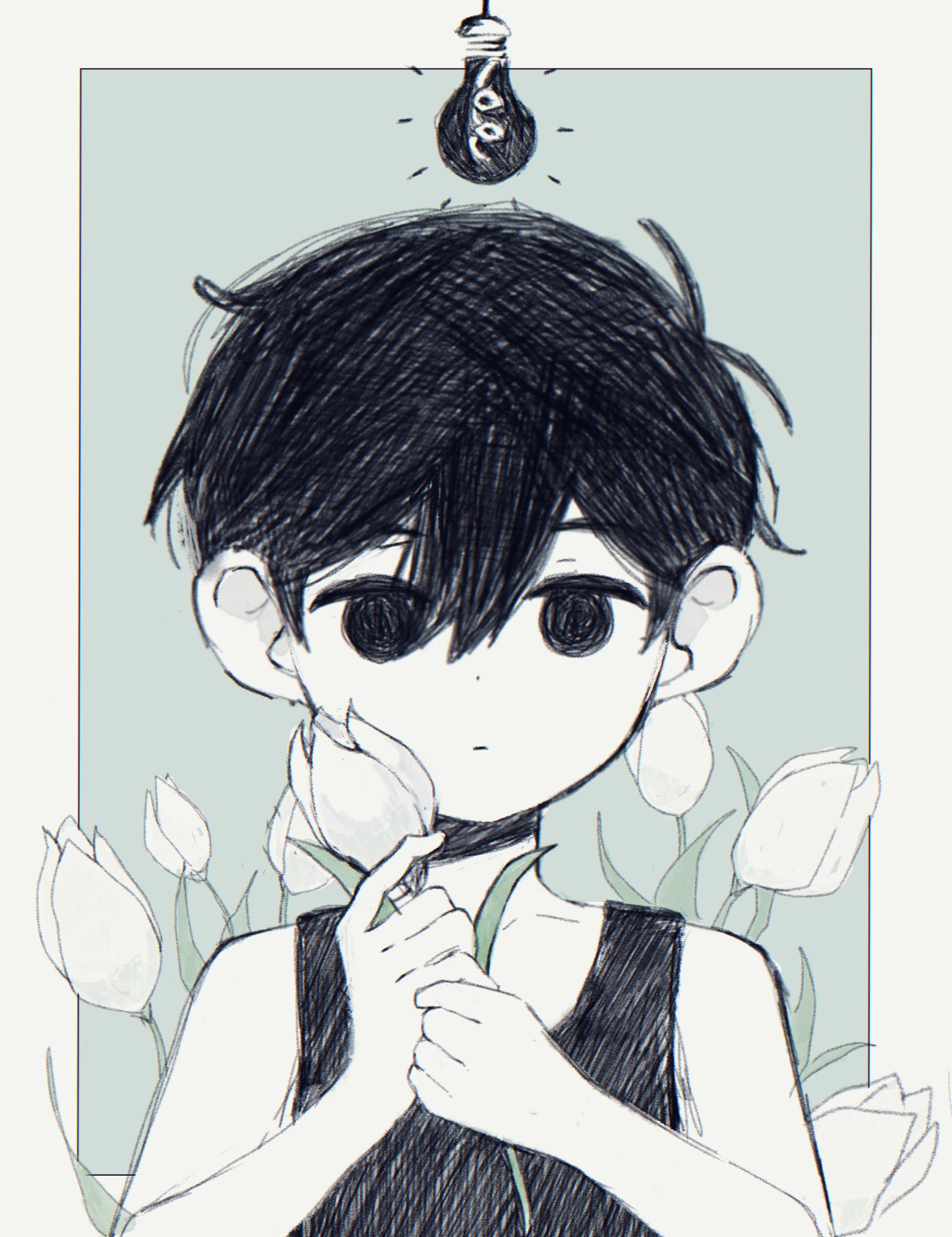 omori (omori), omori, highres, 1boy, 5oh h, black eyes, black hair, black tank top, closed mouth, collarbone, colored skin, double-parted bangs, expressionless, flower, holding, holding flower, light bulb, looking at viewer, male focus, short hair, solo, tank top, tulip, upper body, white flower, white skin, white tulip