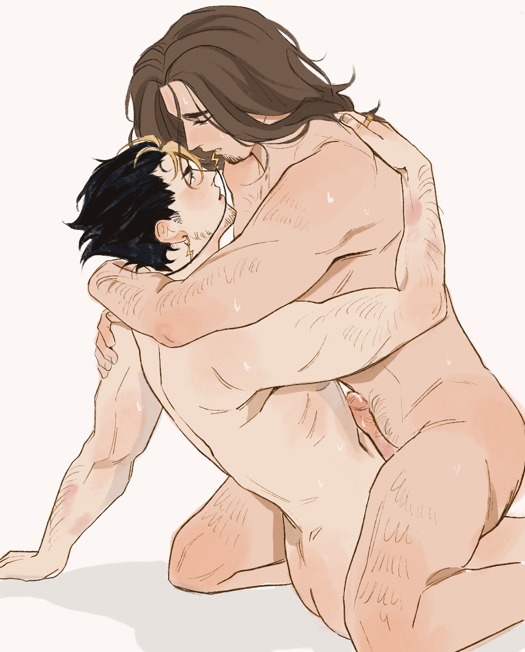 azumane asahi, nishinoya yuu, haikyuu!!, highres, 2boys, arm around back, arm hair, arm support, arms around neck, ass, beard, black hair, blonde hair, brown hair, completely nude, erection, eye contact, facial hair, feet out of frame, goatee, hair down, implied penetration, implied sex, jewelry, kneeling, leaning back, leg hair, lightning bolt symbol, linmorsan, long hair, looking at another, male focus, male pubic hair, multicolored hair, multiple boys, muscular, muscular male, necklace, necklace in mouth, nude, parted hair, penis, pubic hair, simple background, sitting, straddling, streaked hair, toned, toned male, white background, yaoi
