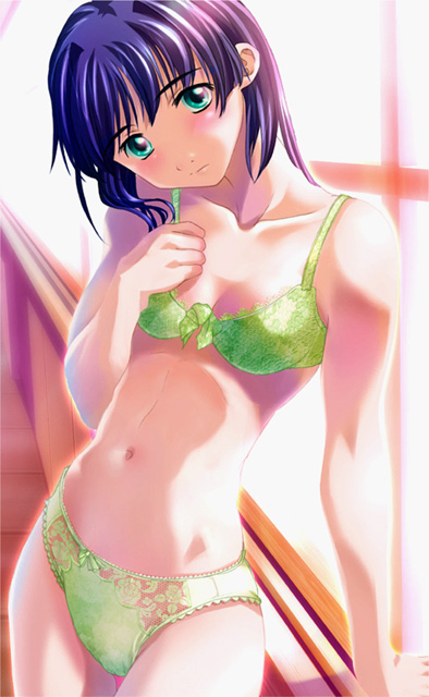 1girl, arm support, blue eyes, blue hair, blush, bow, bow bra, bow panties, bra, breasts, female focus, green bra, green panties, groin, lace, lace-trimmed bra, lace-trimmed panties, lace trim, leaning, lingerie, matching hair/eyes, medium breasts, navel, panties, short hair, solo, standing, thigh gap, thighs, underwear, underwear only