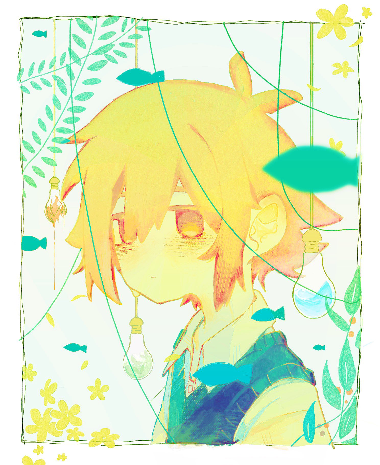 basil (faraway) (omori), basil (omori), omori, highres, 1boy, 5oh h, alternate eye color, antenna hair, blonde hair, closed mouth, collared shirt, green sweater vest, light bulb, male focus, shirt, short hair, sidelocks, solo, sweater vest, upper body, white shirt