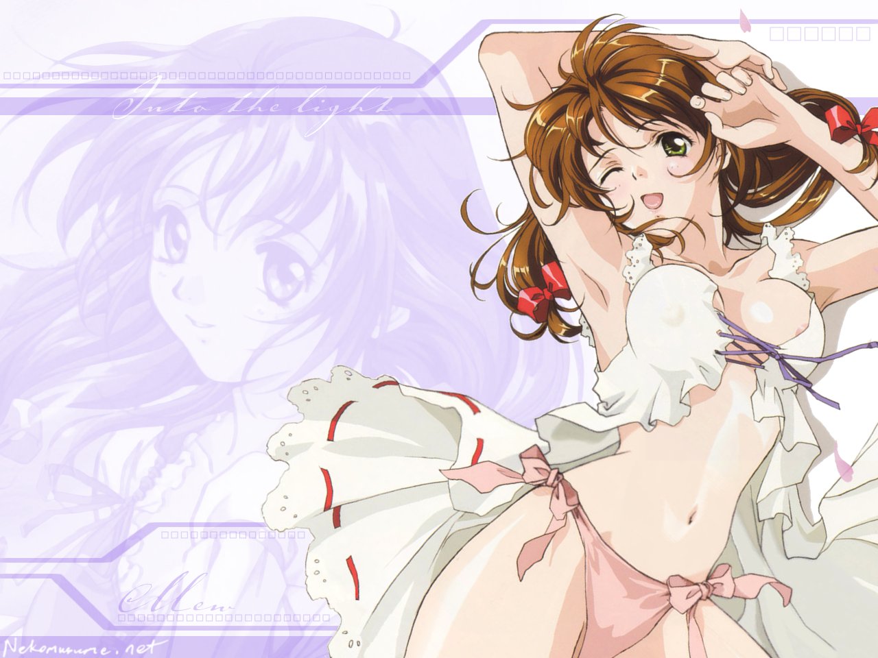 rin-sin, mew (words worth), words worth, 1girl, areola slip, blush, bow, breasts, brown hair, cleavage, dress, female focus, green eyes, hair bow, hair ribbon, lingerie, one eye closed, open clothes, open dress, panties, pantyshot, pink panties, ribbon, side-tie panties, skirt, solo, standing, tress ribbon, underwear, upskirt, white dress, white skirt, wink
