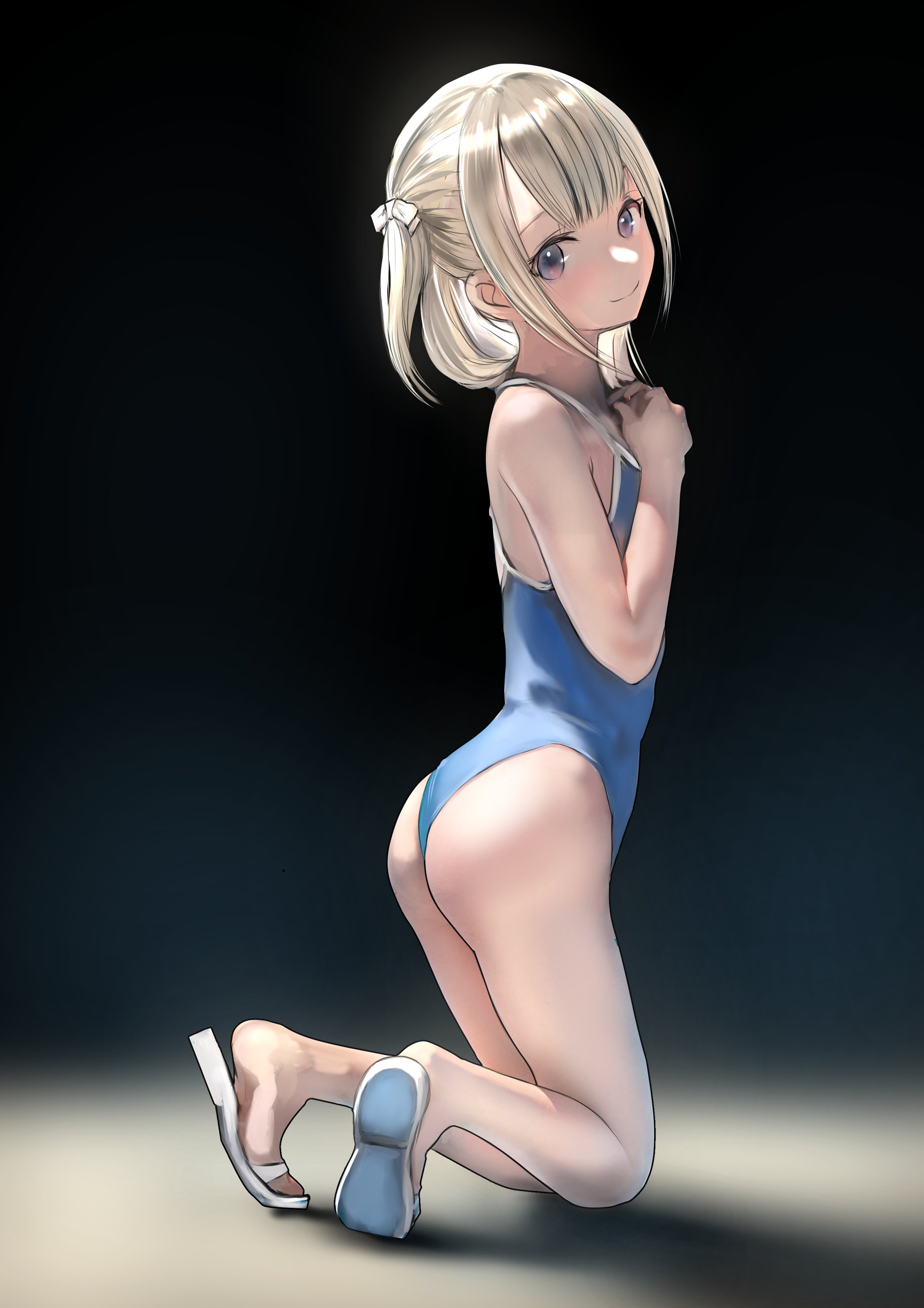 emutsuichi, original, absurdres, highres, 1girl, ass, bare shoulders, blonde hair, blue eyes, blue one-piece swimsuit, blush, breasts, closed mouth, collarbone, flip-flops, full body, looking at viewer, medium hair, one-piece swimsuit, sandals, simple background, small breasts, smile, solo, swimsuit, thighs