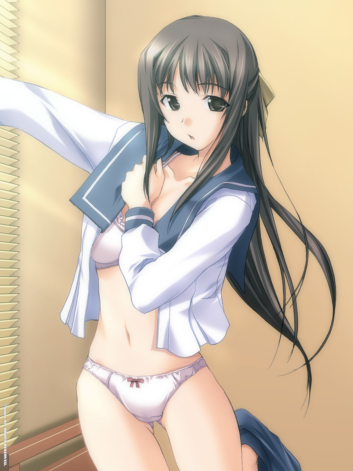 kawagishi keitarou, hizuki ayumi, ringetsu, duplicate, highres, 1girl, bottomless, bow, bow panties, bra, brown eyes, brown hair, dressing, female focus, hair bow, lace, lace-trimmed bra, lace trim, leg lift, lingerie, long hair, navel, no pants, open clothes, open shirt, panties, school uniform, serafuku, shirt, solo, standing, underwear, white bra, white panties