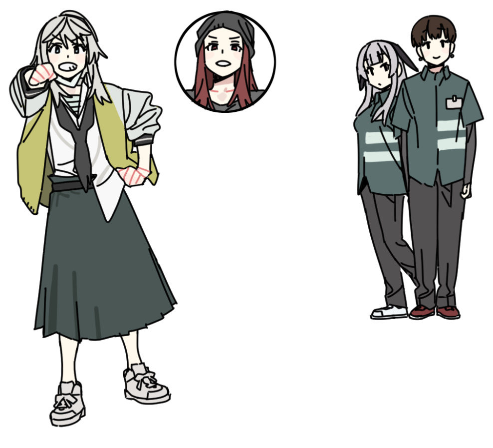 imamura ryou, seitokai ni mo ana wa aru!, 1boy, 3girls, black eyes, grey hair, hagyuu toramaru, multiple girls, skirt, white background